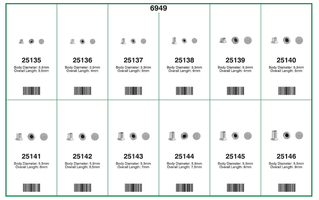 Auveco 6949 Self-Piercing Rivets Quik-Select II 12 Varieties - 120 Pieces