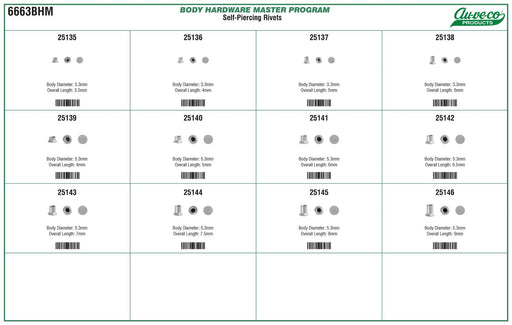 Auveco 6663BHM Self-Piercing Rivets 12 Varieties - 600 Pieces. Assortment. Qty 1.