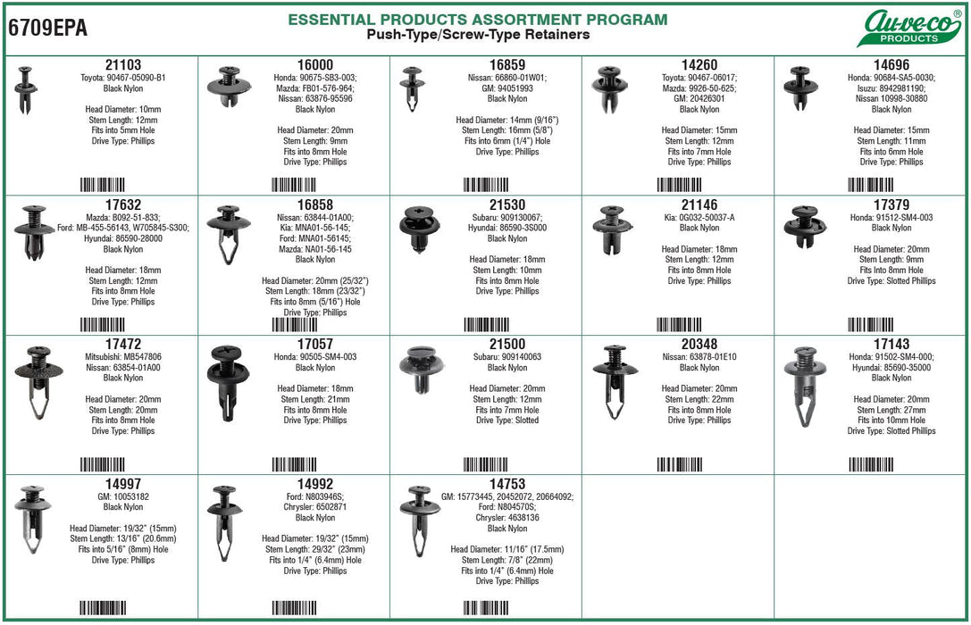 Auveco 6709EPA Push-Type / Screw-Type Retainer Assortment. Qty 1.