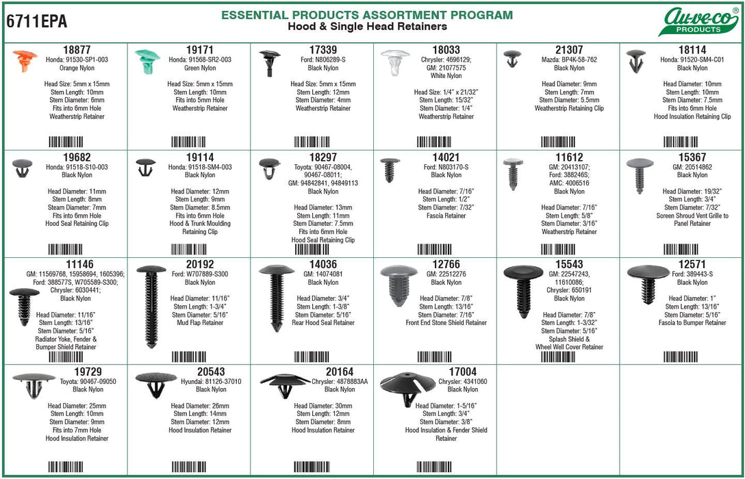 Auveco 6711EPA Hood & Single Head Retainers Assortment. Qty 1.