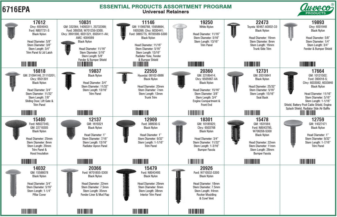 Auveco 6716EPA Universal Retainers Assortment. Qty 1.